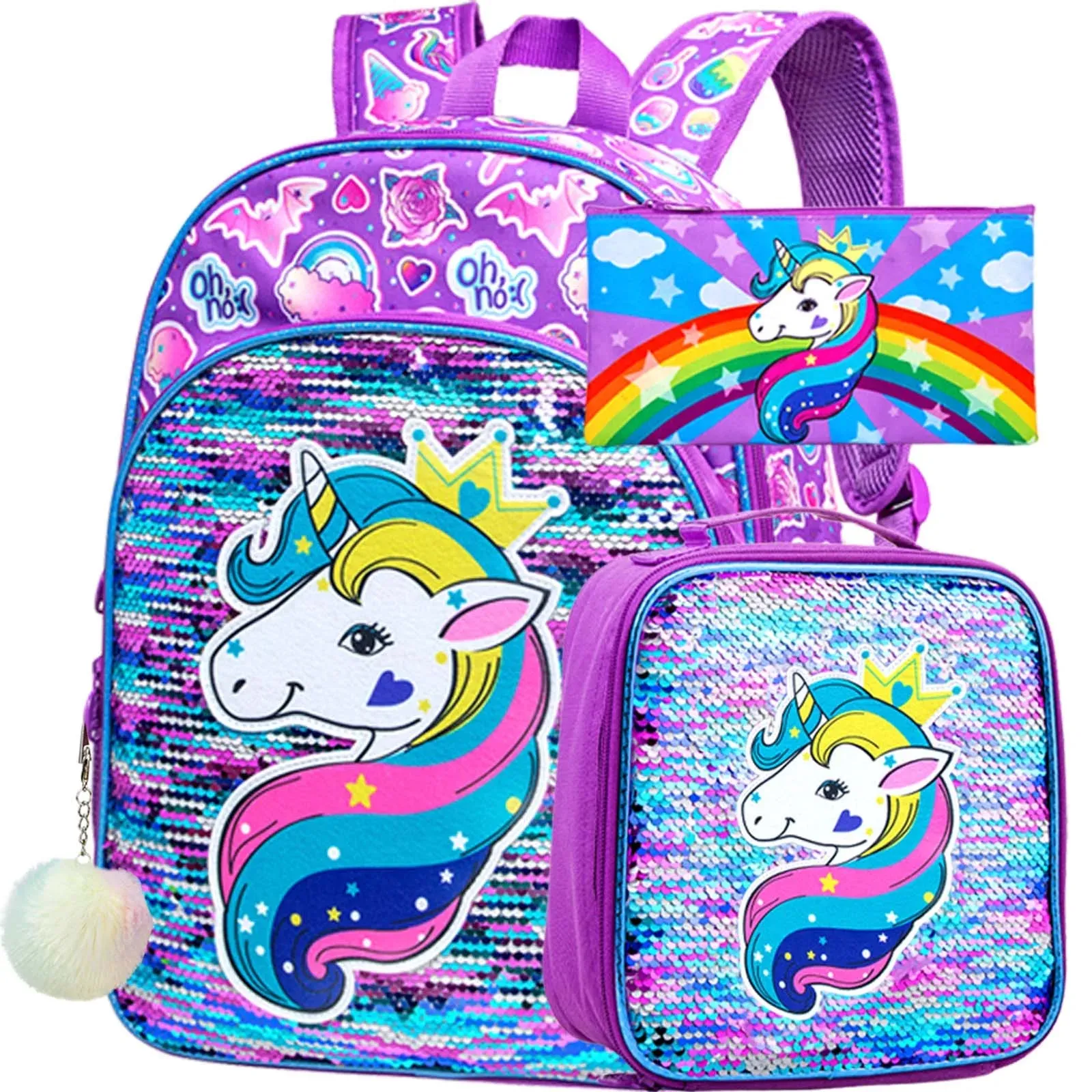 3 Piece Unicorn Backpack Set For Girls 16 Bookbag Lunch Box Sequin Design