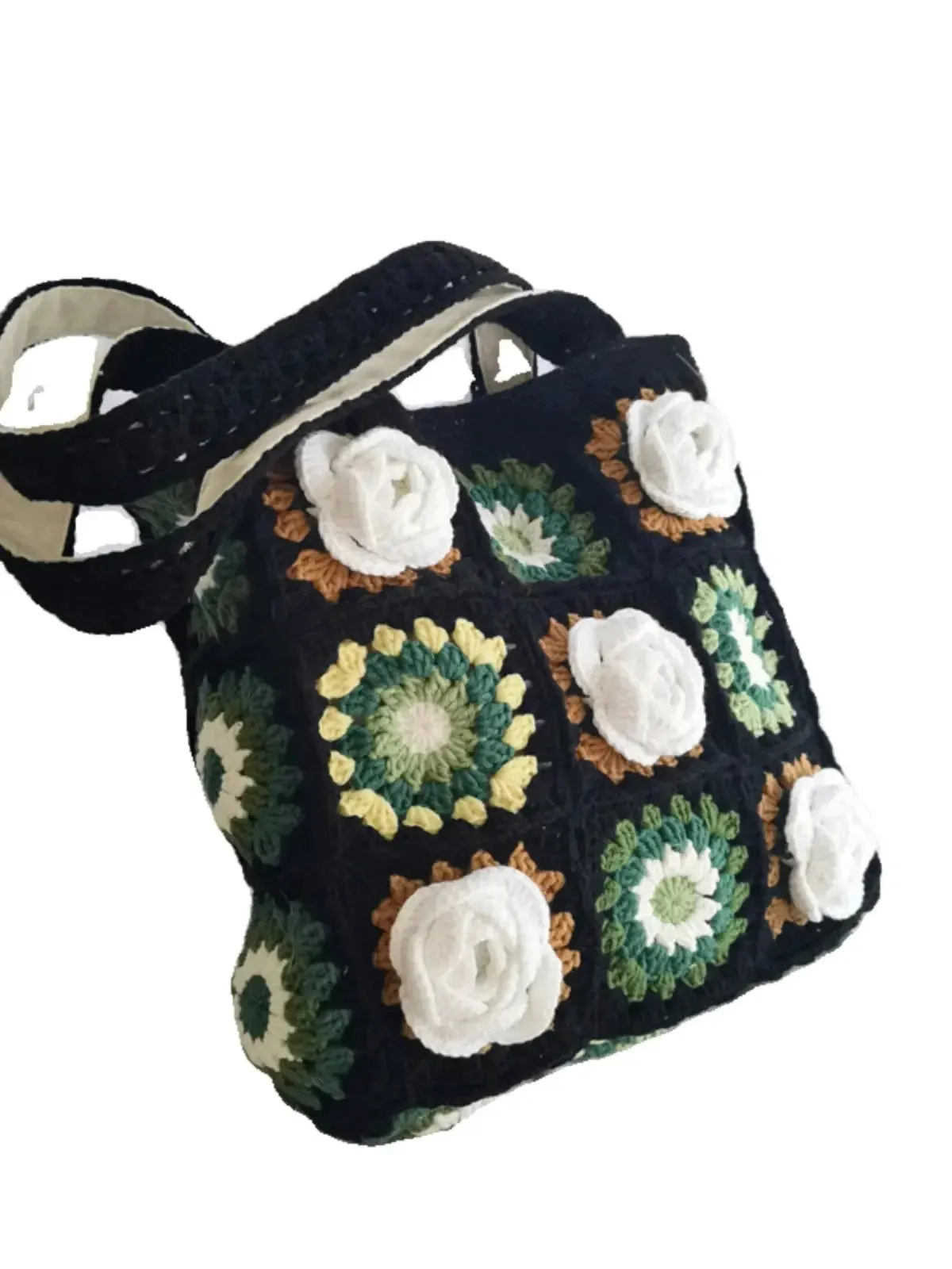 Black Wool Flower Shoulder Bag