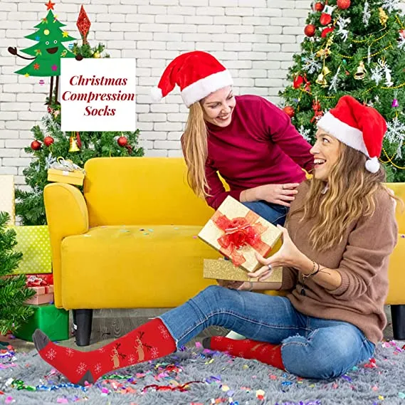 Christmas Socks for Women Men Circulation, Knee High Compression Socks 15-20mmHg for Nurse, Running Athletic