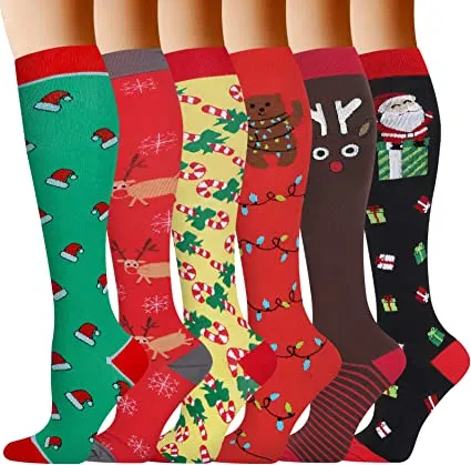 Christmas Socks for Women Men Circulation, Knee High Compression Socks 15-20mmHg for Nurse, Running Athletic