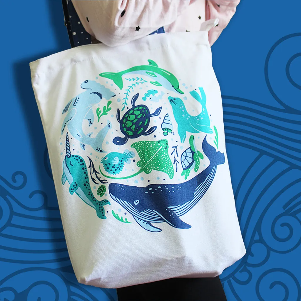 Reusable Eco Friendly Canvas Tote Bag with Zippered Closure Front Back Illustrations - Save The Seas