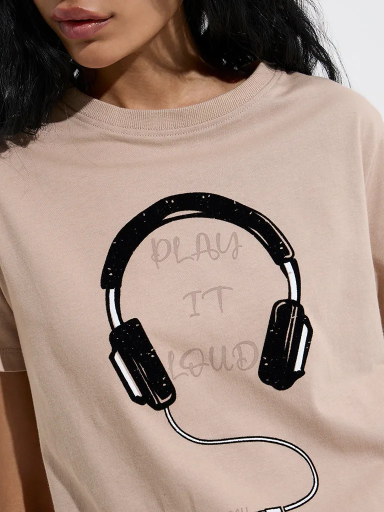 Studiofit Light Beige Headphone Printed Cotton T-Shirt